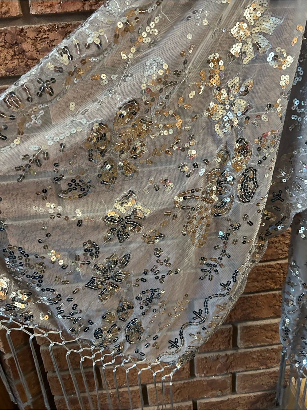 Embellished Sequin Floral Lace Scarf- Silver